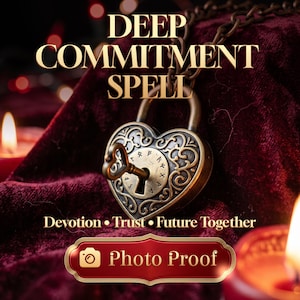 May include: A heart-shaped antique brass padlock with intricate scrollwork and engraved runic symbols, featuring a small key inserted into the centre. The text DEEP COMMITMENT SPELL, Devotion • Trust • Future Together, and Photo Proof are visible.