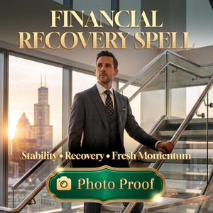 Könnte beinhalten: Eine Person in einem dunkelgrauen Anzug mit gemusterter Krawatte auf einer Treppe. Text: FINANCIAL RECOVERY SPELL, Stability • Recovery • Fresh Momentum, und ein grüner Button mit Kamera-Symbol und Photo Proof.