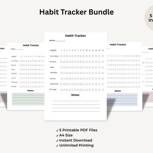Könnte beinhalten: Ein Bundle druckbarer Habit Tracker in fünf Farben. Jeder Tracker hat ein Raster zur täglichen Gewohnheitsverfolgung mit Platz für Notizen. Der Text "Habit Tracker Bundle" und "5 Colors Included" sind sichtbar.