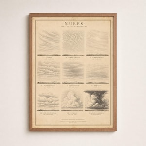 May include: A framed vintage-style educational print titled NUBES NINE CLOUD FORMATIONS, featuring nine detailed black and white illustrations of cloud types labeled with names and altitude ranges in meters, set against a beige parchment background.