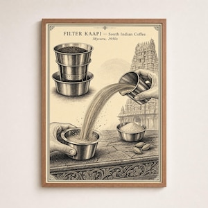 May include: A framed print featuring a detailed illustration of a South Indian coffee filter set and the process of pouring coffee. The text reads FILTER KAAPI - South Indian Coffee Mysuru, 1950s. The artwork depicts metal vessels, coffee grounds, and a temple.