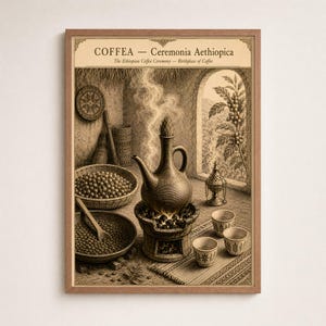 Puede incluir: Impresión en tonos sepia que representa una ceremonia etíope del café. La imagen presenta una cafetera tradicional sobre un pequeño fuego, rodeada de granos de café, tazas y el texto "COFFEA - Ceremonia Aethiopica". La escena está ambientada en un interior rústico con vistas.