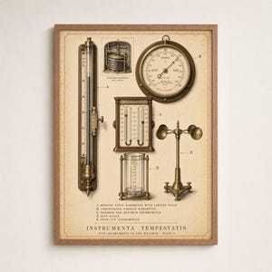 Może przedstawiać: Oprawiony wydruk w stylu vintage zatytułowany INSTRUMENTA TEMPESTATIS przedstawiający pięć instrumentów pogodowych: barometr rtęciowy, barometr aneroidowy, termometr maksymalno-minimalny, deszczomierz oraz anemometr czaszowy w odcieniach mosiądzu.