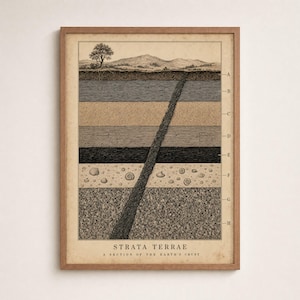 Könnte beinhalten: Ein gerahmtes geologisches Diagramm mit dem Titel Strata Terrae: A Section of the Earth's Crust. Der Druck zeigt horizontale Bodenschichten, die von A bis H beschriftet sind, mit einer diagonalen dunklen Gesteinsformation und einer Landschaft.