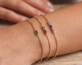Personalized Gold Birthstone Bracelet, Baguette Birthstone Bracelet,Custom Family Birthstone Jewelry, Gold Bracelet for Mom,Mothers Day Gift