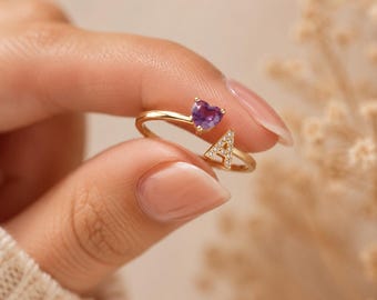 14K Gold Personalized Birthstone Initial Ring, Custom Letter Ring, Adjustable Gold Ring, Dainty Jewelry, Gift For Her,Birthday Gift