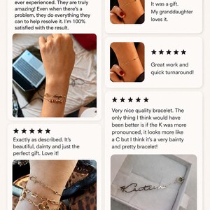 May include: A customer review graphic titled WHAT OUR Customers Say featuring five-star ratings and photos of gold-toned personalized name bracelets worn on wrists. Icons at the bottom indicate 14K gold plated, water resistant, gift ready box, and personalized.