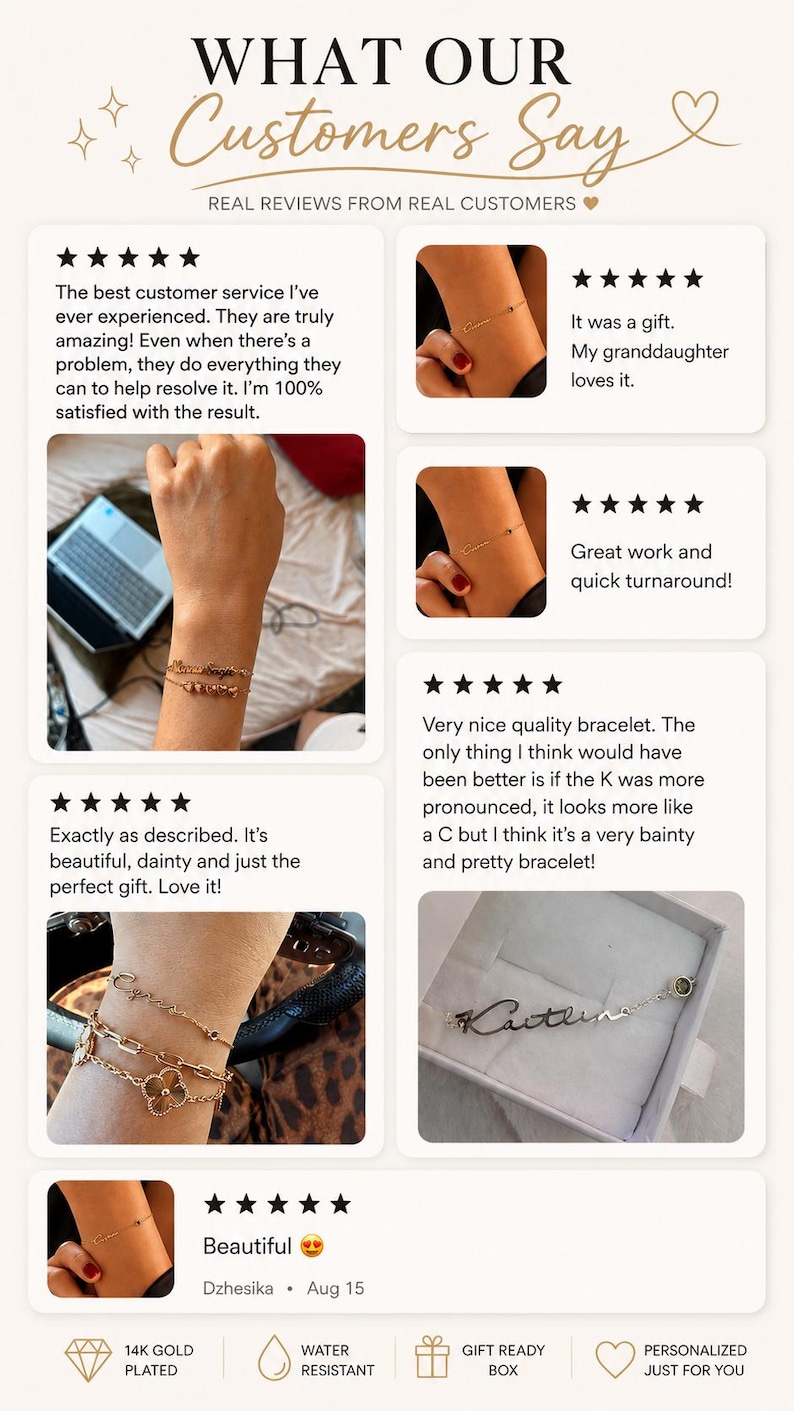 May include: A customer review graphic titled WHAT OUR Customers Say featuring five-star ratings and photos of gold-toned personalized name bracelets worn on wrists. Icons at the bottom indicate 14K gold plated, water resistant, gift ready box, and personalized.