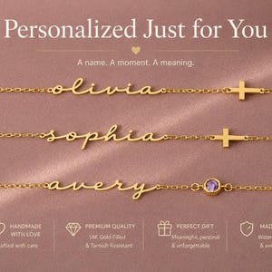 May include: Three gold-toned chain necklaces featuring personalized cursive nameplates reading Olivia, Sophia, and Avery. The necklaces include small gold cross charms and circular pink or purple gemstone accents integrated into the delicate link chains.