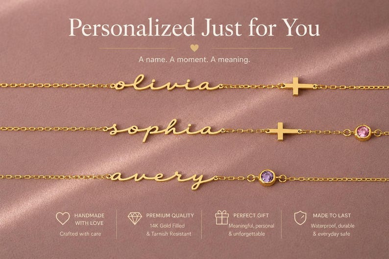 May include: Three gold-toned chain necklaces featuring personalized cursive nameplates reading Olivia, Sophia, and Avery. The necklaces include small gold cross charms and circular pink or purple gemstone accents integrated into the delicate link chains.