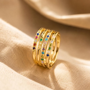 14K Gold Rainbow Birthstone Ring, Dainty Stacking Ring, Minimalist Colorful Gemstone Ring, Gift For Her, Birthday Gift