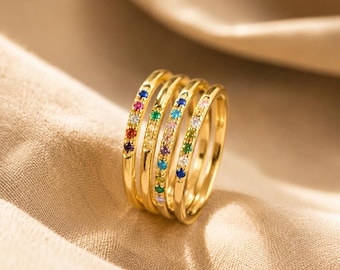 Gold Rainbow Birthstone Ring, Dainty Stacking Ring, Minimalist Colorful Gemstone Ring, Gift For Her, Birthday Gift