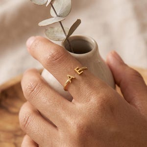 May include: A gold-toned open ring featuring two capital letters, A and E, positioned at the ends of the band. The ring has a smooth, polished finish and a simple, thin metal construction that wraps around the finger in an open design.