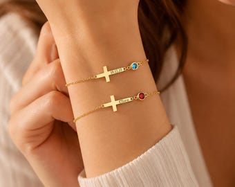 14K Gold Personalized Cross Bracelet, Custom Name Bracelet, Birthstone Bracelet, Christian Gift, Faith Jewelry, Gift for Her, Mom Gift
