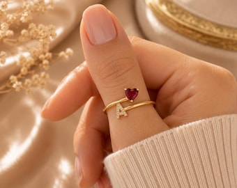 14K Gold Personalized Birthstone Initial Ring, Custom Letter Ring, Adjustable Gold Ring, Dainty Jewelry, Gift For Her,Birthday Gift