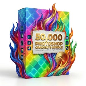 Może przedstawiać: Kolorowe pudełko z tęczowym gradientem i napisem "50,000 Photoshop Gradients Bundle". Pudełko otoczone jest stylizowanymi płomieniami w różnych kolorach. Złota pieczęć głosi "Now Available".