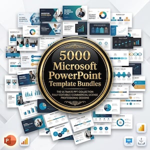 Puede incluir: Una colección de numerosas diapositivas de presentación de Microsoft PowerPoint dispuestas en un patrón circular, con gráficos, diagramas e imágenes de negocios. Un emblema central negro muestra el texto dorado 5000 Microsoft PowerPoint Template Bundles.