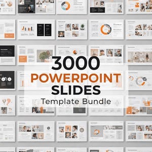 Op de afbeelding: Een verzameling PowerPoint-sjabloon dia's, met een verscheidenheid aan lay-outs met oranje en grijze accenten. De afbeelding toont prominent de tekst "3000 POWERPOINT SLIDES Template Bundle."