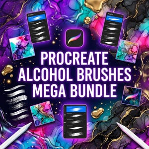 Op de afbeelding: Een advertentie voor een digitale kunstbundel met het Procreate app-logo. De afbeelding toont een donkere achtergrond met kleurrijke inktachtige texturen, digitale penselen en tablets met penseelstreken. De tekst luidt "Procreate Alcohol Brushes Mega Bundle."