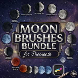 Może przedstawiać: Grafika cyfrowa przedstawiająca różne fazy księżyca, w tym rosnący i malejący sierp, garbaty i pełnię. Tekst "MOON BRUSHES BUNDLE for Procreate" jest wyraźnie wyświetlany. Widoczny jest również rysik i kolorowa ikona.