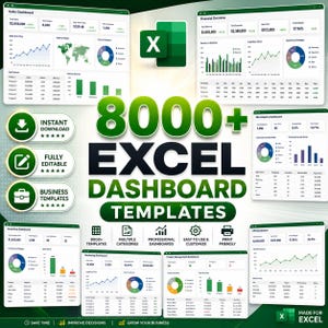 Może przedstawiać: Grafika cyfrowa prezentująca szablony pulpitu nawigacyjnego Excel. Obraz zawiera różne wykresy i wizualizacje danych z tekstem "8000+ Excel Dashboard Templates". Projekt zawiera zielone i białe elementy z ikonami.