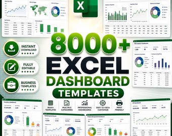 May include: A digital graphic showcasing Excel dashboard templates. The image features various charts, graphs, and data visualizations, with the text "8000+ Excel Dashboard Templates." The design includes green and white elements, with icons indicating instant download and easy customization.
