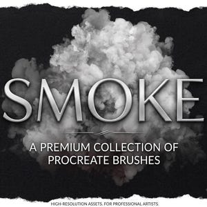 May include: A digital art graphic with the word "SMOKE" in large, metallic letters over a cloud of white smoke. Below, text reads "A PREMIUM COLLECTION OF PROCREATE BRUSHES". The background is black with a textured border.