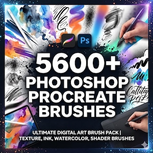 May include: An advertisement for a digital art brush pack. The image features the text "5600+ PHOTOSHOP PROCREATE BRUSHES" with the logos for Procreate and Photoshop. The text "ULTIMATE DIGITAL ART BRUSH PACK | TEXTURE, INK, WATERCOLOR, SHADER BRUSHES" is also included.