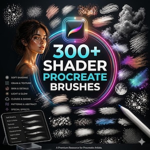 May include: Digital art resource with 300+ Procreate shader brushes. The image displays a woman's portrait, a tablet showing brush examples, and a stylus. The design includes various brushstroke samples, with text indicating brush categories like 'Soft Shading' and 'Skin & Details'.