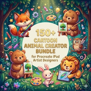 Puede incluir: Un paquete de arte digital con animales de dibujos animados como un zorro, un oso, un búho, un león y un conejo. La imagen incluye materiales de arte, una paleta y el texto "150+ Cartoon Animal Creator Bundle for Procreate iPad Artist Designers."