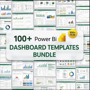 Puede incluir: Un conjunto de plantillas de paneles de Power BI. La imagen presenta numerosos ejemplos de visualización de datos con gráficos y tablas. El texto en la imagen dice "100+ Power Bi DASHBOARD TEMPLATES BUNDLE" con una insignia de "100+ FILES".