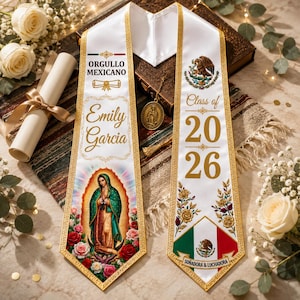 Personalized Mexican Graduation Stole 2026, Virgen de Guadalupe Graduation Sash, Orgullo Mexicano Grad Stole, Custom Name Class of 2026 Sash