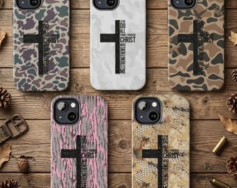 Christian Cross Camo iPhone Case – “I Can Do All Things Through Christ” Scripture Phone Cover, Shockproof Protective Case for iPhone 11 - 17