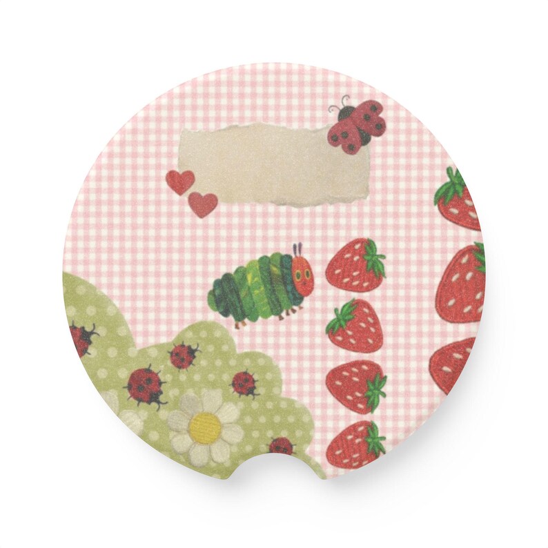 Cute Ladybug Car Coasters Set, Pink Gingham Strawberry Coasters, Cottagecore Floral Cup Holder Inserts, Kawaii Summer Car Accessories 1