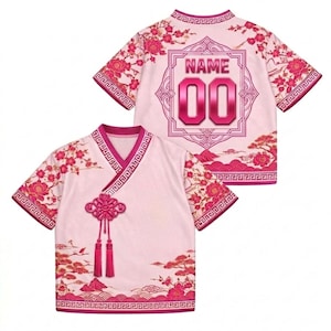 Custom Pink Floral Jersey Mesh Croptop, Korean Hanbok Style Shirt, Aesthetic Kpop Inspired Clothing, Personalized Name Number