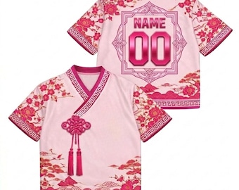Custom Pink Floral Jersey Mesh Croptop, Korean Hanbok Style Shirt, Aesthetic Kpop Inspired Clothing, Personalized Name Number