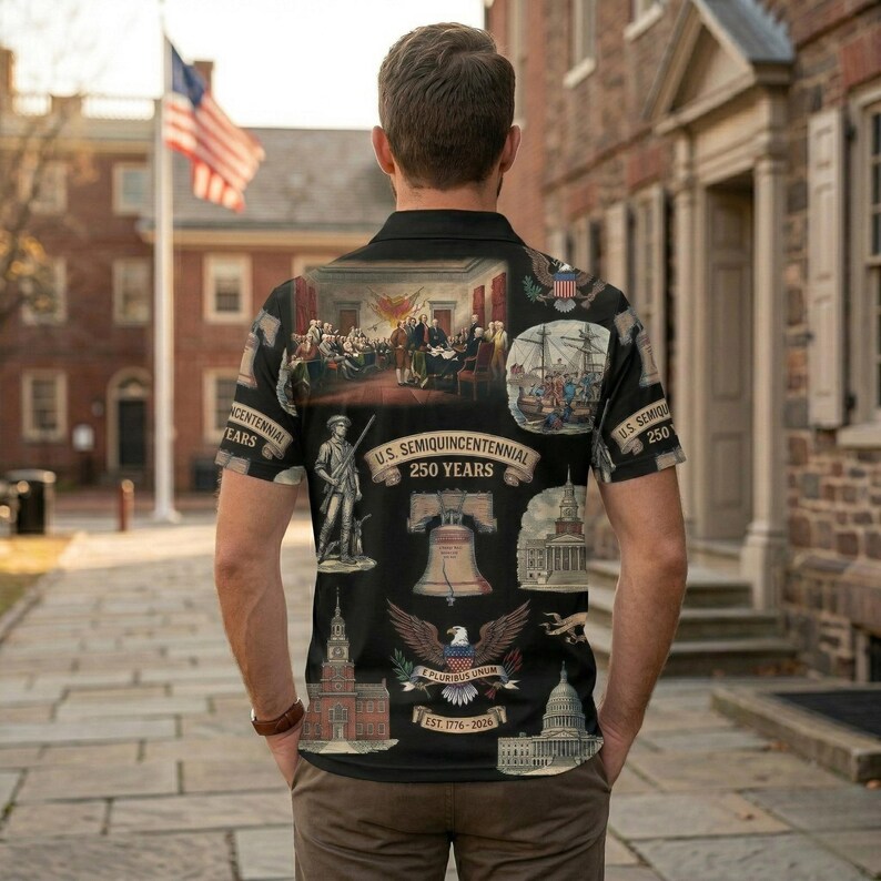 May include: Black polo shirt featuring historical American imagery, including the signing of the Declaration of Independence, the Liberty Bell, and the U.S. Capitol. The shirt commemorates the U.S. Semiquincentennial, 250 years, with the text "EST. 1776-2026".