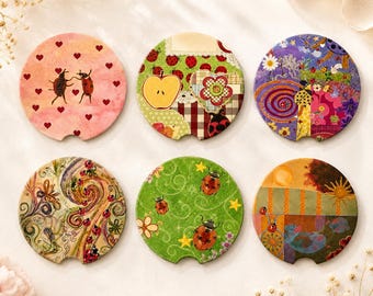 Ladybug Car Coaster Set, Cute Ladybug Ceramic Car Coasters, Cottagecore Car Cup Holder Coaster, Floral Car Accessories, Nature Lover Gift