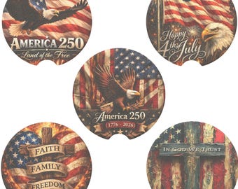 Patriotic Car Coasters Set,America 250 Design,4th of July Car Accessories,Eagle Flag Cup Holder Coaster,Faith Family Freedom,In God We Trust