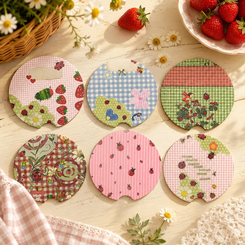 May include: A set of six circular car coasters featuring various patterns including pink and blue gingham, strawberries, ladybugs, flowers, and green foliage. Each coaster has a small notch at the bottom edge for easy removal from a cup holder.