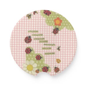Cute Ladybug Car Coasters Set, Pink Gingham Strawberry Coasters, Cottagecore Floral Cup Holder Inserts, Kawaii Summer Car Accessories 6