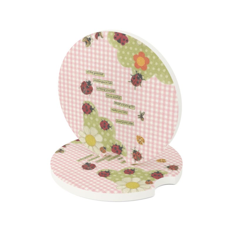 May include: Two round car coasters featuring a light pink and white gingham pattern, decorated with red ladybugs, green scalloped shapes, and white daisies. The text reads: One of the greatest challenges in life is being yourself in a world that's trying to make you like everyone else.
