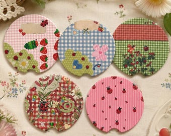 Cute Ladybug Car Coasters Set, Pink Gingham Strawberry Coasters, Cottagecore Floral Cup Holder Inserts, Kawaii Summer Car Accessories