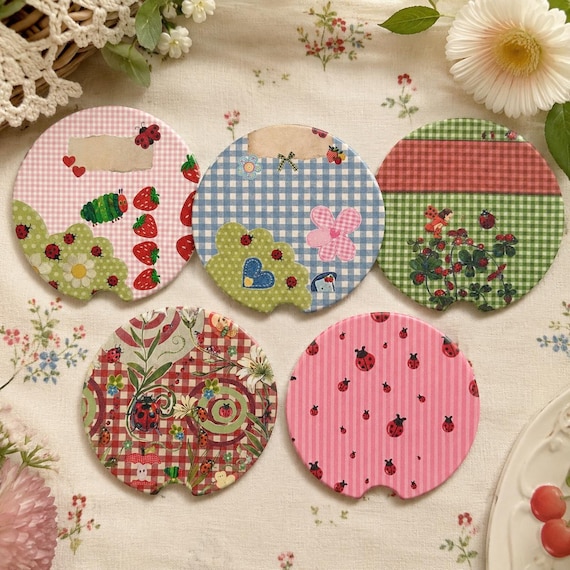 Cute Ladybug Car Coasters Set, Pink Gingham Strawberry Coasters, Cottagecore Floral Cup Holder Inserts, Kawaii Summer Car Accessories