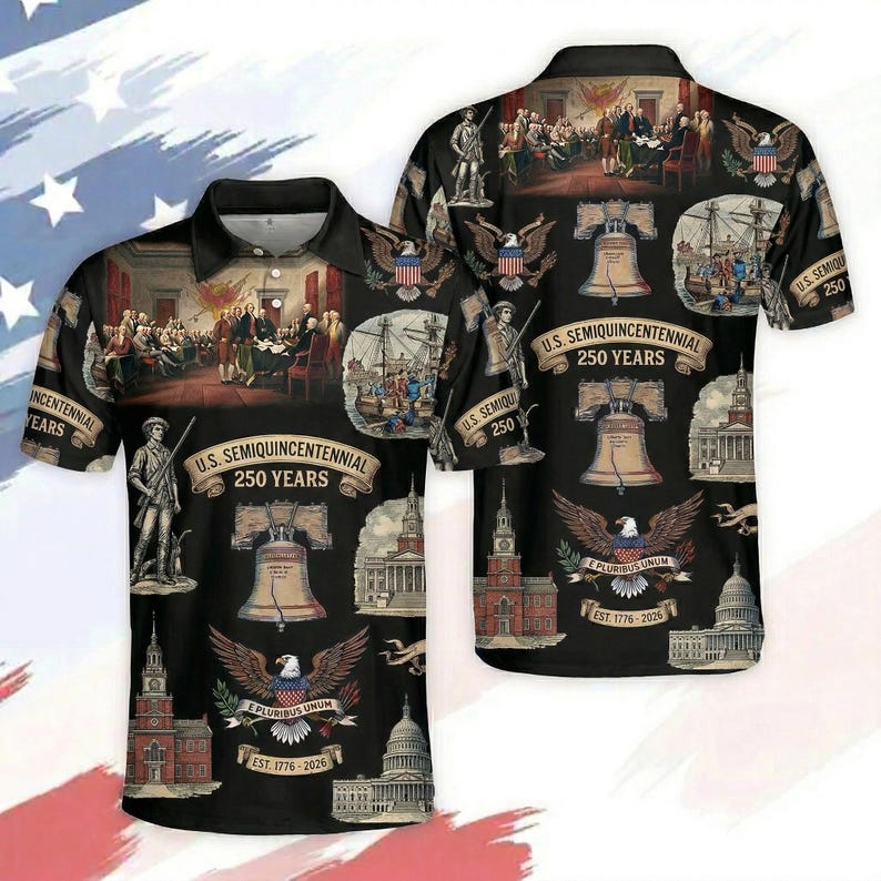 May include: Black polo shirt featuring historical American imagery. The design includes illustrations of the Liberty Bell, eagles, historical figures, and the text "U.S. Semiquincentennial 250 Years" and "EST. 1776-2026".