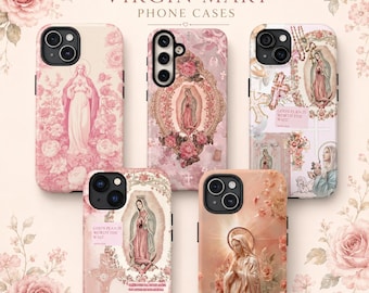 Pink Virgin Mary Phone Case, Our Lady of Guadalupe iPhone Case, Catholic Christian Floral Cover, Religious Gift for Her