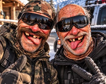 May include: Two individuals wearing camouflage and black winter jackets, patterned neck gaiters, and dark ski goggles. Both have weathered skin, visible missing teeth, and are sticking their tongues out while making hand gestures in a snowy environment.