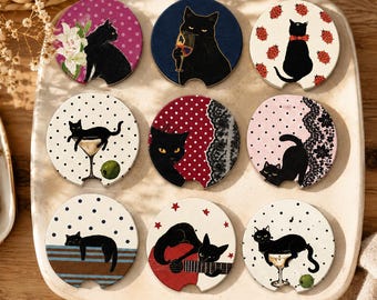 Black Cat Car Coasters, Cute Cat Ceramic Car Cup Holder Coasters, Gothic Cat Auto Accessories, Funny Cat Lover Gift, Absorbent Car Coaster