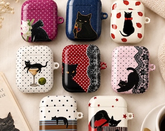 Black Cat AirPods Case, Cute Vintage Cat AirPods Pro 2 Case, Polka Dot Cat Earbuds Cover, Aesthetic Protective Case, Cat Lover Gift
