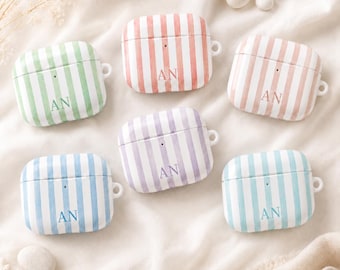 Personalized Striped AirPods Case, Custom Initial AirPods Pro Case,Monogram Pastel Stripe AirPods Cover,Minimalist AirPods Case,Gift for Her